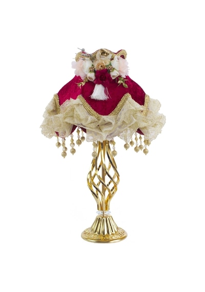 Bordo Kadife Kaplı Çiçek Süslemeli Başlık Gold Metal Ayaklı Vintage Abajur