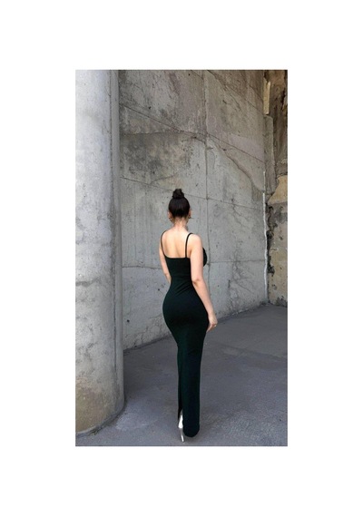 DefyModa Kadın Modern Tasarım V Yaka Pile Detaylı Askılı Abiye Elbise Zümrüt