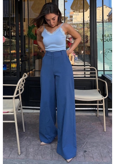 Madmext İndigo Yüksek Bel Keten Wide Leg Pantolon Mg2718