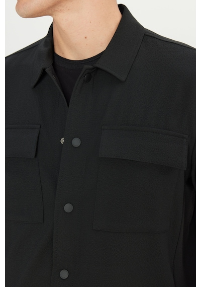 AC&Co / Altınyıldız Classics Erkek Sıyah Comfort Fit Rahat Kesim Gömlek Yaka Ceket Gömlek Siyah