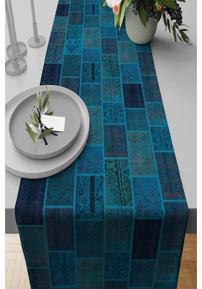 Turkuaz Patchwork Desenli Premium Masa Örtüsü Runner Rnr294