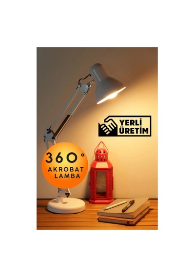 Beyaz Akrobat Masa Lambası Yaylı Metal 360 Derece Hareketli Ayarlanabilir Çalışma Masası Lambası Ofis Çizim Mimari Tasarım Okuma Lambası Mengeneli Masaüstü Gece Lambası E27 Duy Ev Ofis Aydınlatma Beyaz Beyaz