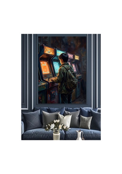 Retro Atölyede Oyun Oynayan Genç Yağlı Boya Dokulu Kanvas Tablo Canvas Tablosu