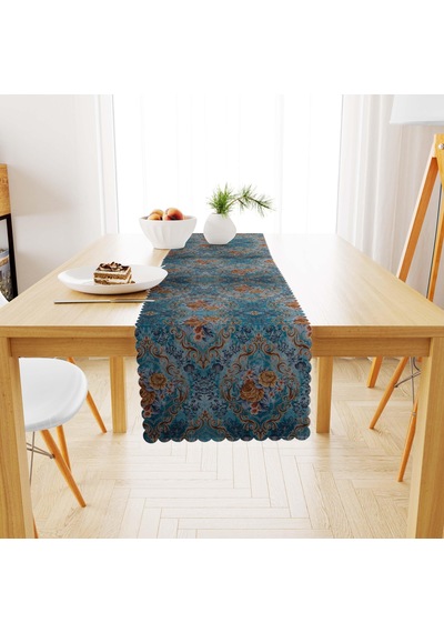Damask Desenli Mavi Zemin Dijital Baskılı Süet Dokuma Runner 40x140