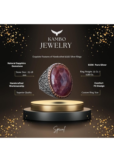 El Yapımı Doğal Safir Taşlı Yüzük, 23.95 Karat, Gümüş Erkek Yüzüğü - Bilgelik Ve Kraliyet Sembolü Gümüş