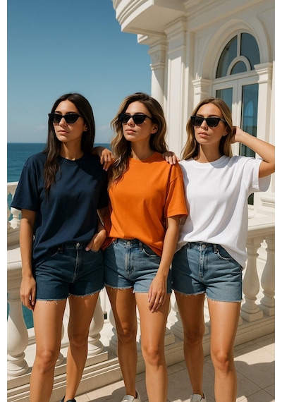 Kadın 3'lü Paket Siyah-beyaz-turuncu %100 Pamuk Oversize Basic Tişört Bisiklet Yaka Relaxed T-shirt Çok Renkli