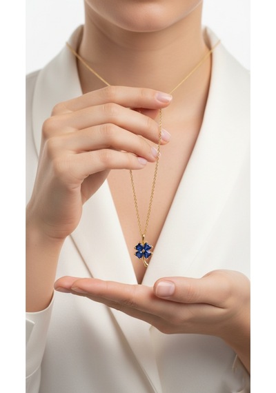 Çekirdekjewelry 925 Ayar Gümüş Safir Taşlı Yonca Kolye Sarı