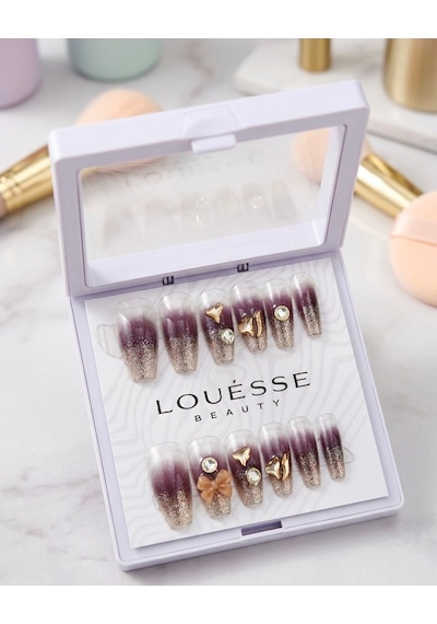 Louésse Plum Gold Glow Takma Tırnak 12 Li Mor Ombre Simli Taşlı Gece Glam Nail