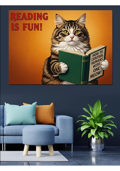 Şapkalı Kitap Okuyan Kedi Dekoratif Kanvas - Mdf Ahşap Tablo