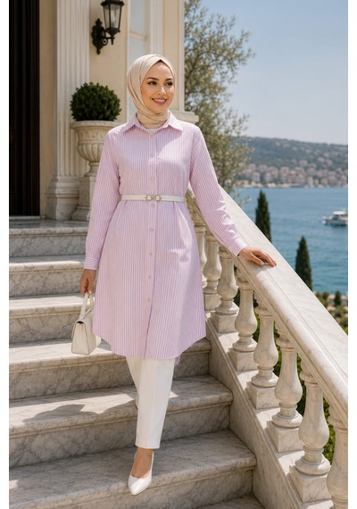 Hb Harma Time Butik Kadın Çizgi Desenli Kemerli Keten Pembe Gömlek Pembe Pembe