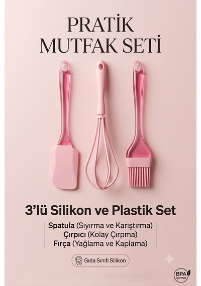 3'lü Silikon Mutfak Hazırlık Seti - Yanmaz Yapışmaz Çırpıcı, Spatula Ve Yumurta Fırçası Çok Renkli