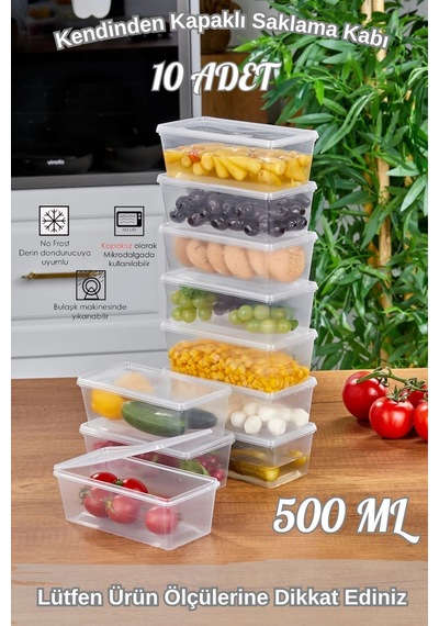 10 Adet Kendinden Kapaklı Derin Dondurucuya Uygun Saklama Kabı, Düzenleyici ,yemek,kahve,çay500ml Diğer