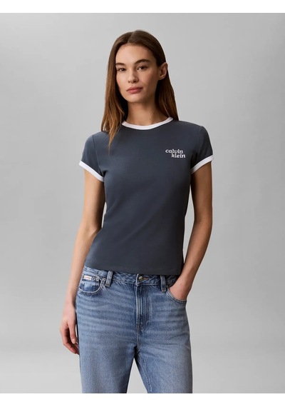Calvin Klein Ss Slım Logo Rınger, Ceg Gri Kadın T-shirt