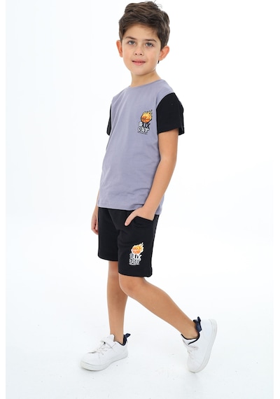 Toontoy Kids Toontoy Erkek Çocuk 2'li Takım Baskılı Bisiklet Yaka Tişört & Beli Lastikli Cepli Şort Koyu Gri
