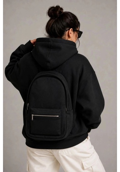 Freedom Store Kadın 3 İplik Şardonlu Tam Fermuarlı Kapüşonlu Arka Çanta Detaylı Sweatshirt - Siyah