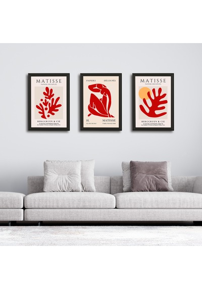 Henri Matisse 3'lü Alüminyum Çerçeveli Poster Seti - Önden Açılır A3 Açılır Kapanır Çerçeve Seti Kırmızı Soyut Figürler, Siyah