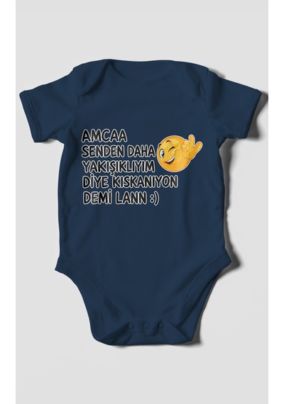 Morivokids Amaa Senden Daha Yazılı Kısa Kollu Bebek Body %100 Pamuk Lacivert