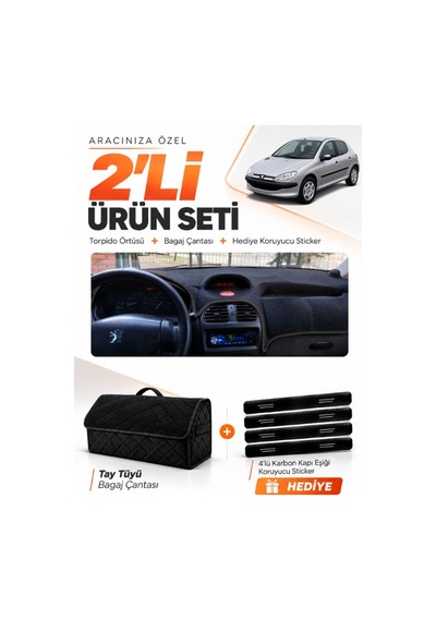 Peugeot 206 Büyük Ekranlı 1998-2009 Uyumlu Torpido Örtüsü + Tay Tüyü Bagaj Çantası Seti - Siyah