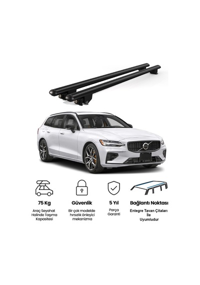 Kanca Volvo V60 Cross Country 2019 Ve Sonrası Uyumlu Siyah Kilitli Ara Atkı 120cm Port Bagaj Tavan Barı