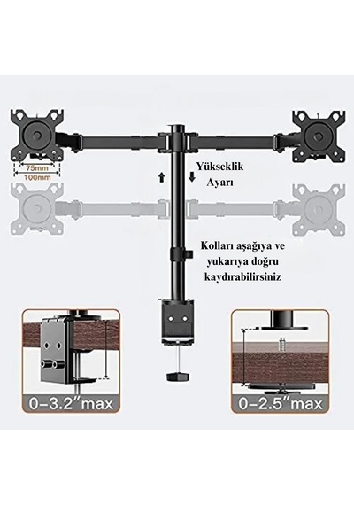 14-32'' Çift Kollu Ayarlanabilir Monitör Tutucu Masa Üstü