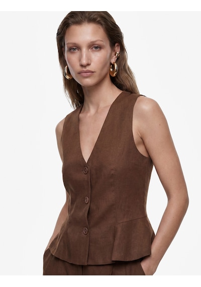 Koton V Yaka Düğmeli Peplum Keten Yelek Kahverengi 6sak20102pw Kahve