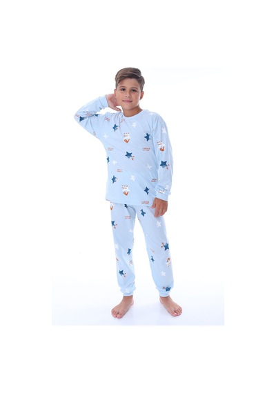 Zuzunga Yıldız Nota Desenli Bej Unisex Pijama Takımı Mavi
