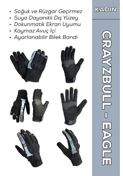 Crazybull Eagle Gri Su Ve Rüzgar Geçirmez Kışlık Kadın Motosiklet Eldiveni + Buff