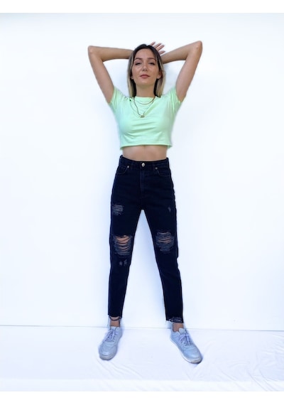 Kadın Büzgü Detaylı Crop Mint Tshirt