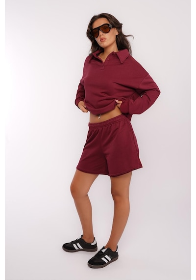 Madmext Bordo Polo Yaka Kadın Şort Sweatshirt Takım Mg2375