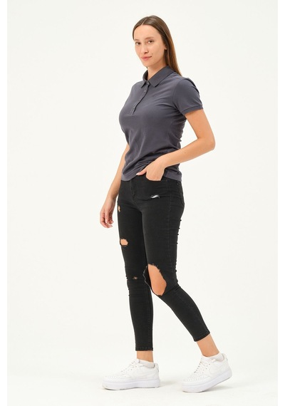 Msw Kadın Kısa Kollu Regular Fit Polo Yaka T-shirt Füme