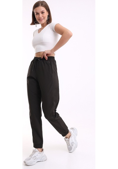 Winmoda34 Kadın Kumaş Beli Paçası Lastikli 2 Cepli Eşofman Altı Haki