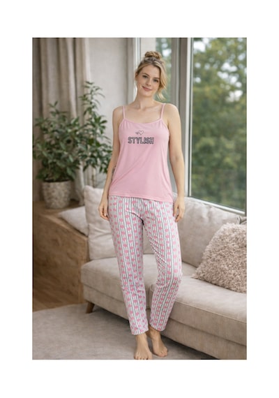 Rindahomewear Kadın Pembe Çizgili Kalp Milan Askılı Pijama Takımı Pembe