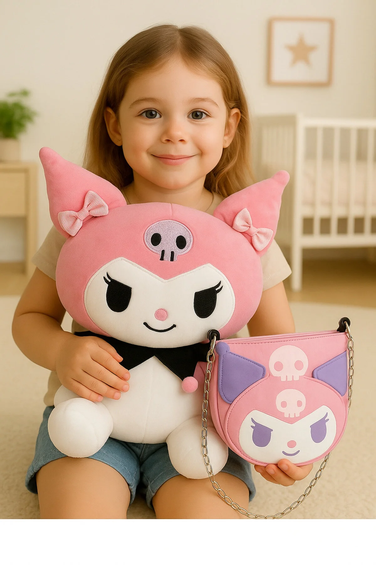 Kuromi Peluş Oyuncak 40cm+ Deri Çanta Hediyelik Set Pembe