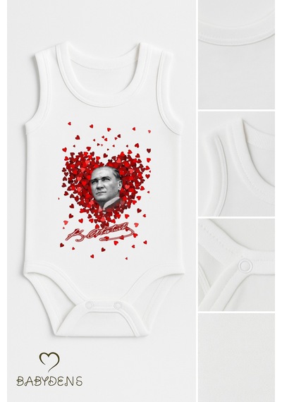 Babyden's 3 Lü Atatürk Temalı Bebek Body Seti %100 Pamuk Kolsuz Çıtçıtlı Zıbın Yenidoğan & Bebek Body Takımı Beyaz