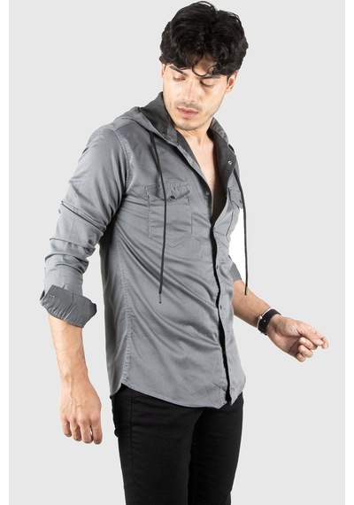 Deepsea Erkek Füme Kapüşonlu Cepli Slim Fit Gömlek Füme