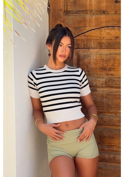 Seeh Beyaz Bisiklet Yaka Çizgili Kadın T-shirt Sh371 Baskılı