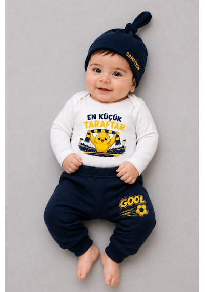 Babyden's %100 Pamuk Sarı Lacivert En Küçük Taraftar 3'lü Yenidoğan Bebek Takımı Uzun Kollu Body Pantolon Şapka Set