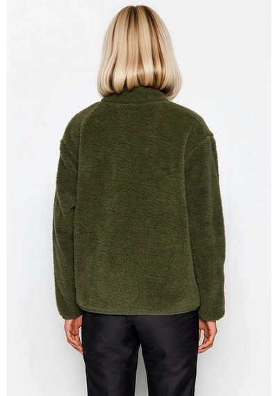 Benerly Kadın Dik Yaka Düşük Kol Tam Fermuarlı Peluş Sweatshirt Fonksiyon Haki