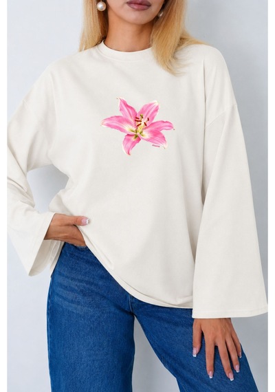 Medinenur Kadın Lily Çiçeğ Baskılı Uzun Kollu Oversize Body Ekru