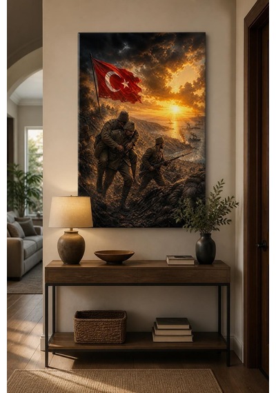 Çanakkale Savaşı Temalı Baskılı Cam Tablo Türk Bayraklı Uv Baskı Duvar Tablosu