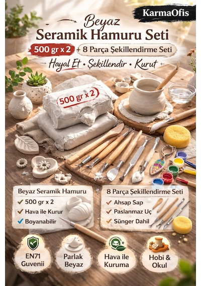 Beyaz Seramik Hamuru Seti 500 Gr X2 + 8 Parça Şekillendirme Aletleri Air Dry Kil Seti Krem