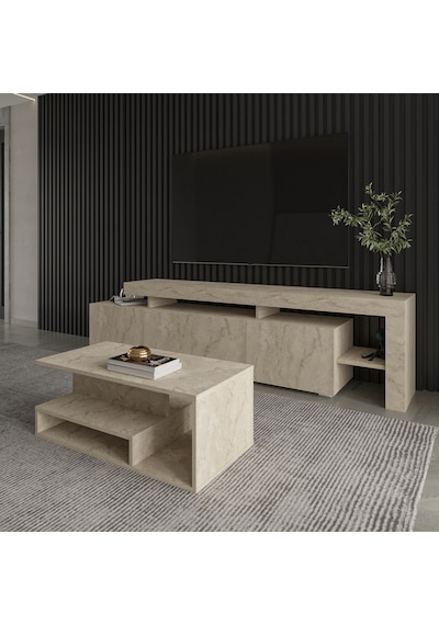 Vera Mini Orta Sehpa Modern Tasarım, Fonksiyonel Raflı Yap Traverten