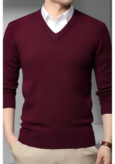 Tezzgelsin Erkek V Yaka Uzun Kol Triko Tüylenmez Süveter Erkek Slim Fit Süveter Bordo