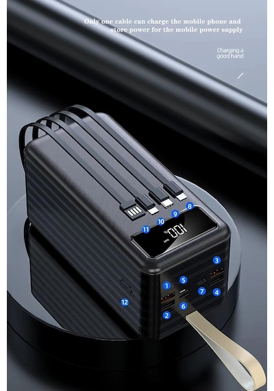 80.000 Mah Powerbank 4 Usb Micro Type-c Lıghtnıng Girişli El Fenerli Taşınabilir Şarj Aleti Siyah