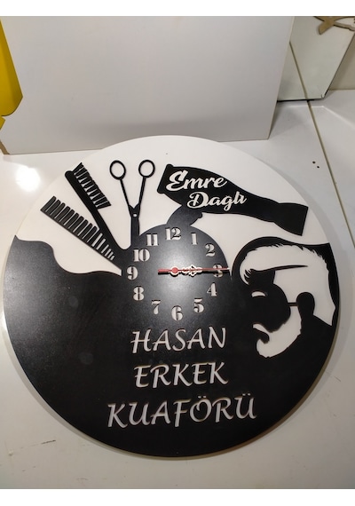 Kuaför Duvar Saati Muhteşem Tasaım 3+3 Mm Mdf Kaliteli Siyah - Beyaz