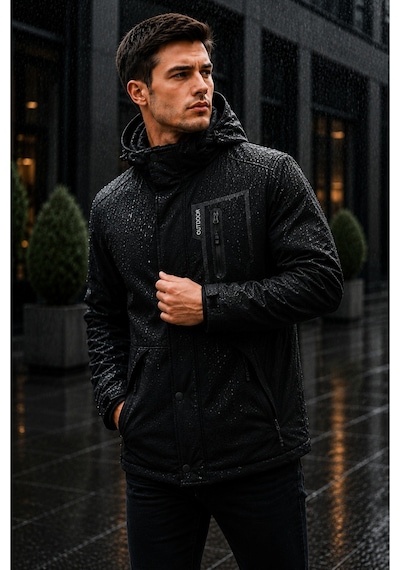 Modmen Erkek Su Geçirmez Kapüşonlu Outdoor Mont Siyah Yağmurluk Günlük Ve Kışlık Siyah