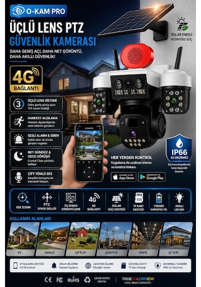 O-kam Okam 8090 Solar Pro 4g Simkartlı Güneş Enerjili 3 Lens Akıllı Güvenlik Kamerası Beyaz - 913353181