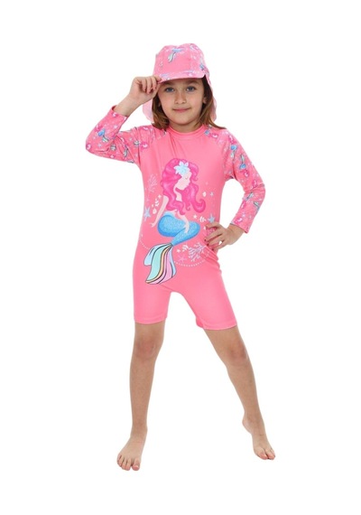 My Kids Wear Şapkalı Fermuarlı Uzun Kollu Kız Çocuk Mayo Kırmızı - Beyaz