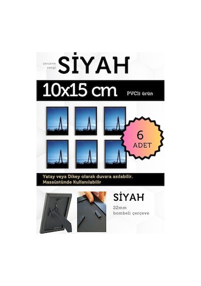 Siyah-6 Adet Pvc Li 10x15 Cm 22mm Bombeli Çerçeve Fotoğraf Resim Çerçevesi Ayaklı Veya Duvara Asma Yatay-dikey