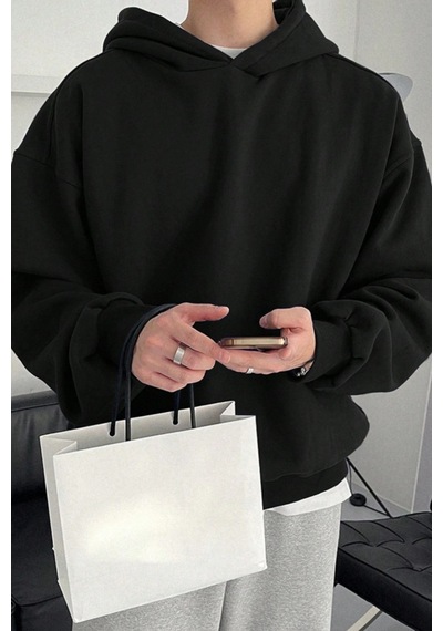 Tarz Cool Erkek Kapüşonlu Oversize Sweatshirt Siyah